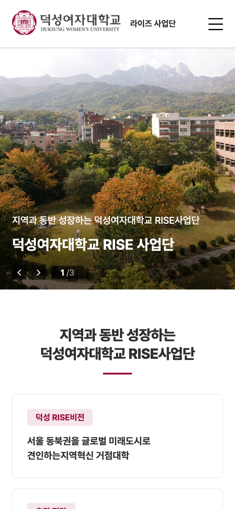 대학 RISE 사업단 메인 - 지역과 동반 성장 메시지 모바일 화면