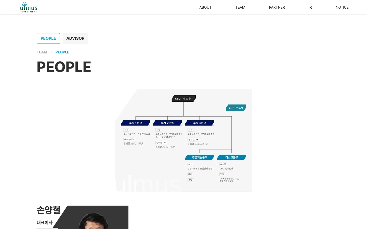 투자파트너사 웹사이트 PEOPLE - 조직도와 임직원 PC 화면