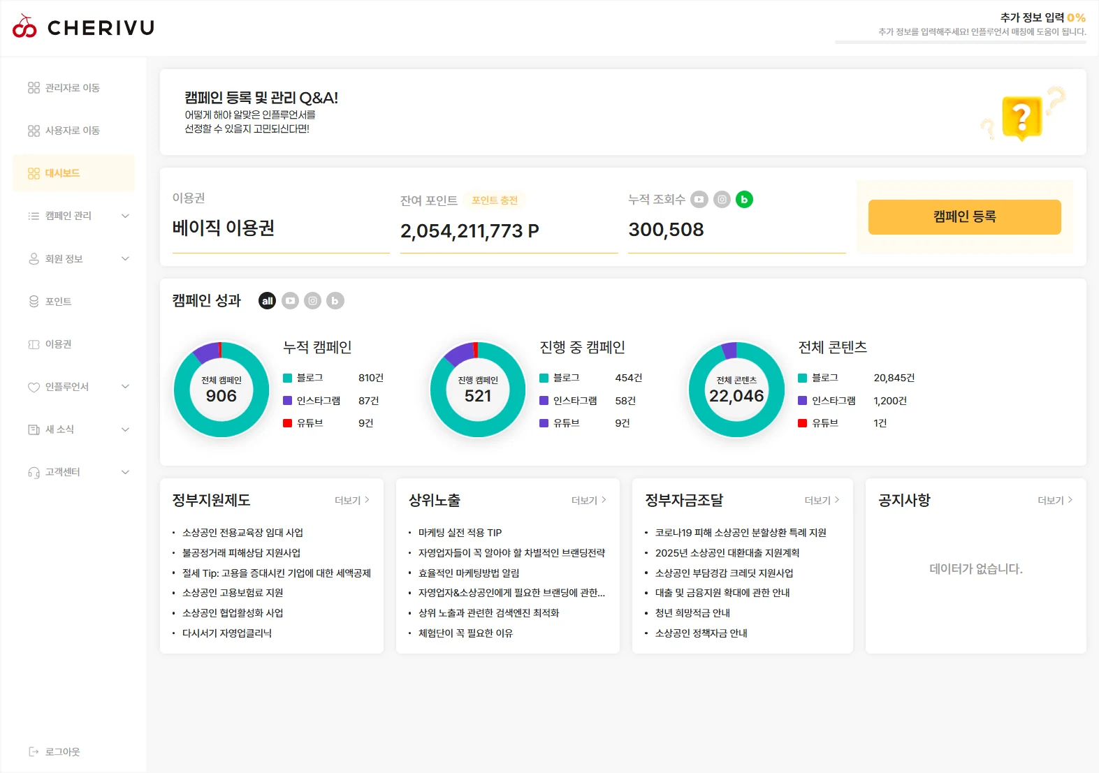 체험단 매칭 플랫폼 광고주 대시보드 PC 화면
